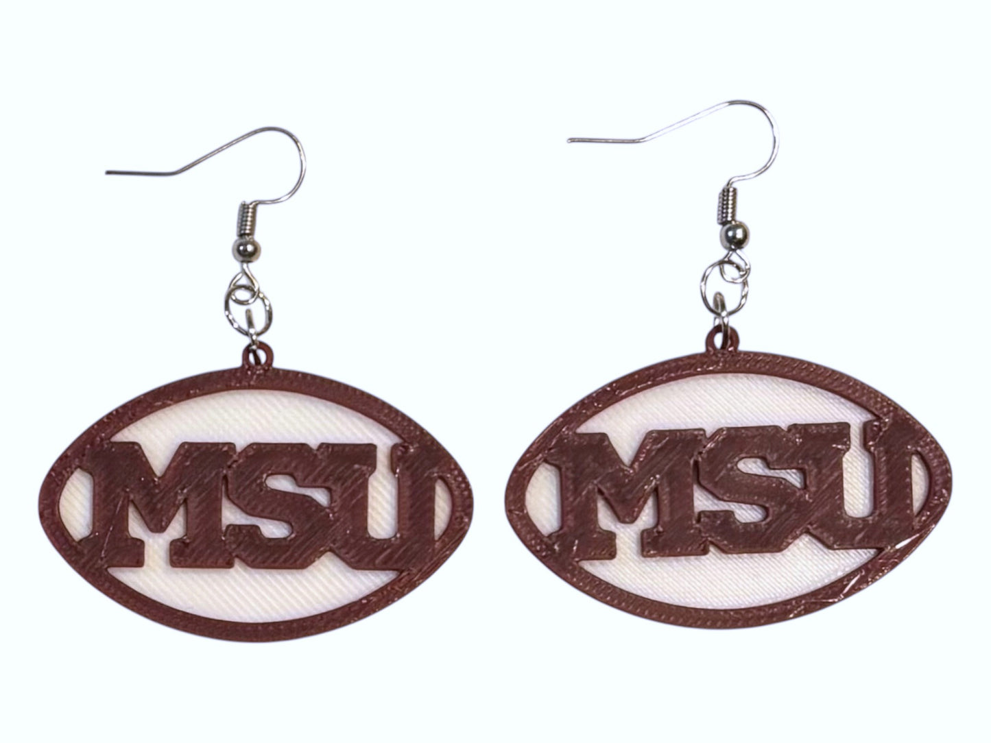 3D Printed Earrings - 1.2" x 1.75" - MSU - White over Maroon