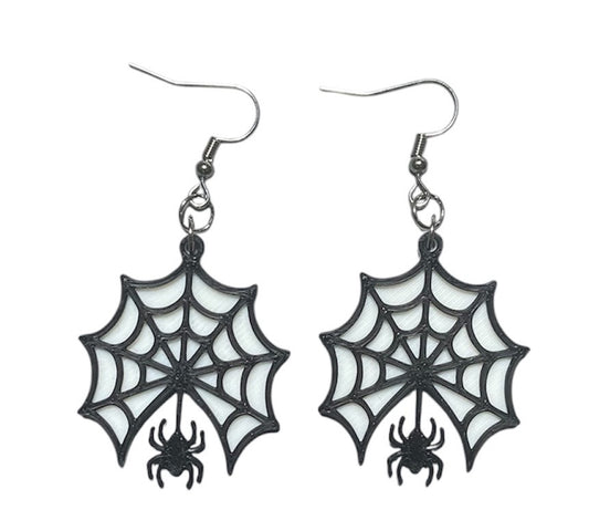 3D Printed Earrings - 1.75" x 1.5" - Spider on Web - Black over White