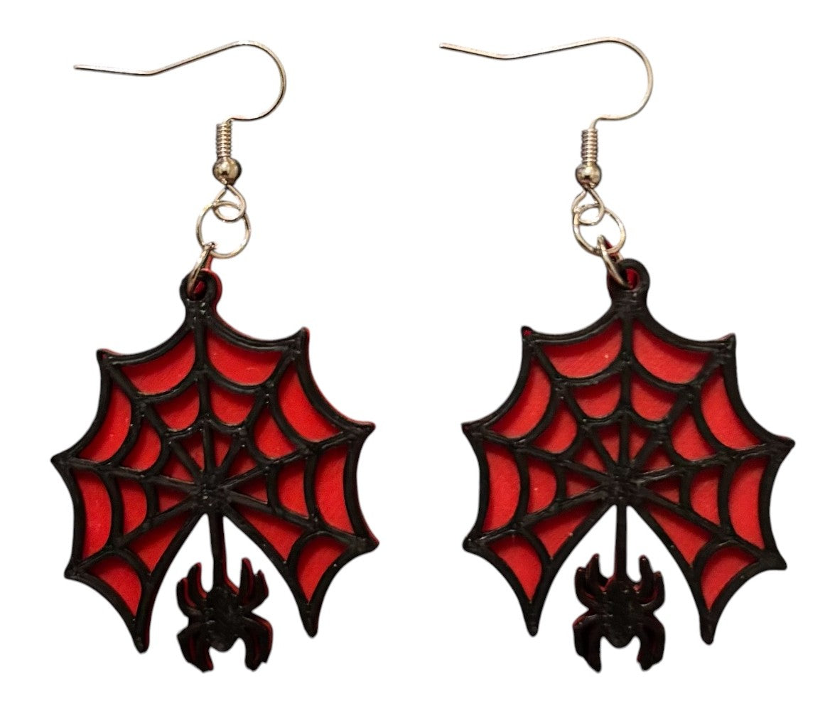 3D Printed Earrings - 1.75" x 1.5" - Spider on Web - Black over Red