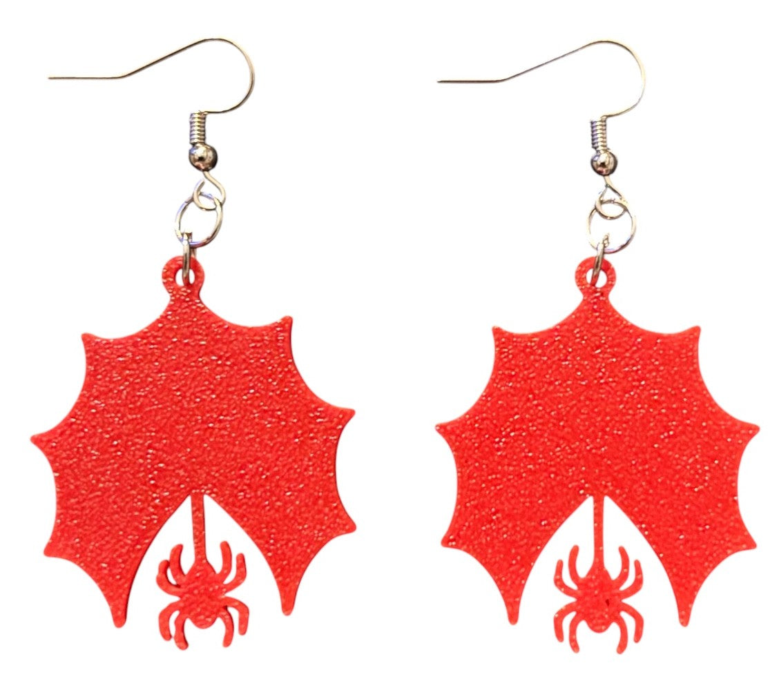 3D Printed Earrings - 1.75" x 1.5" - Spider on Web - Black over Red