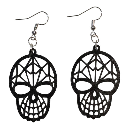 3D Printed Earrings - 1.75" x 1.1" - Sugar Skull - Black over White