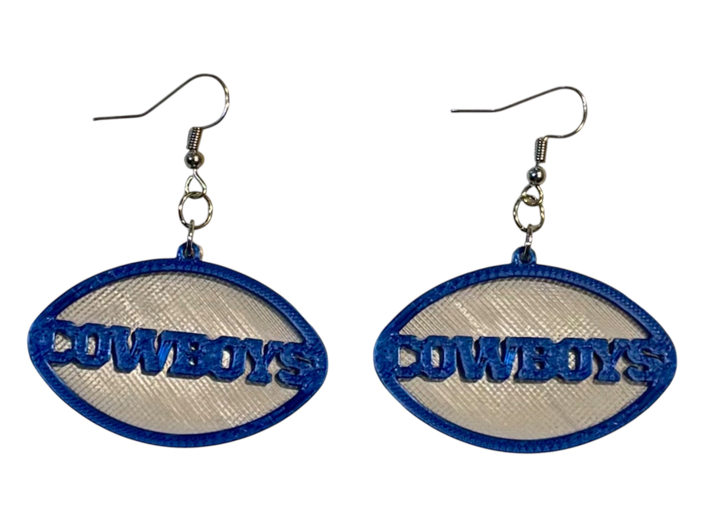 3D Printed Earrings - 1.2" x 1.75" Cowboys - Blue over Silver