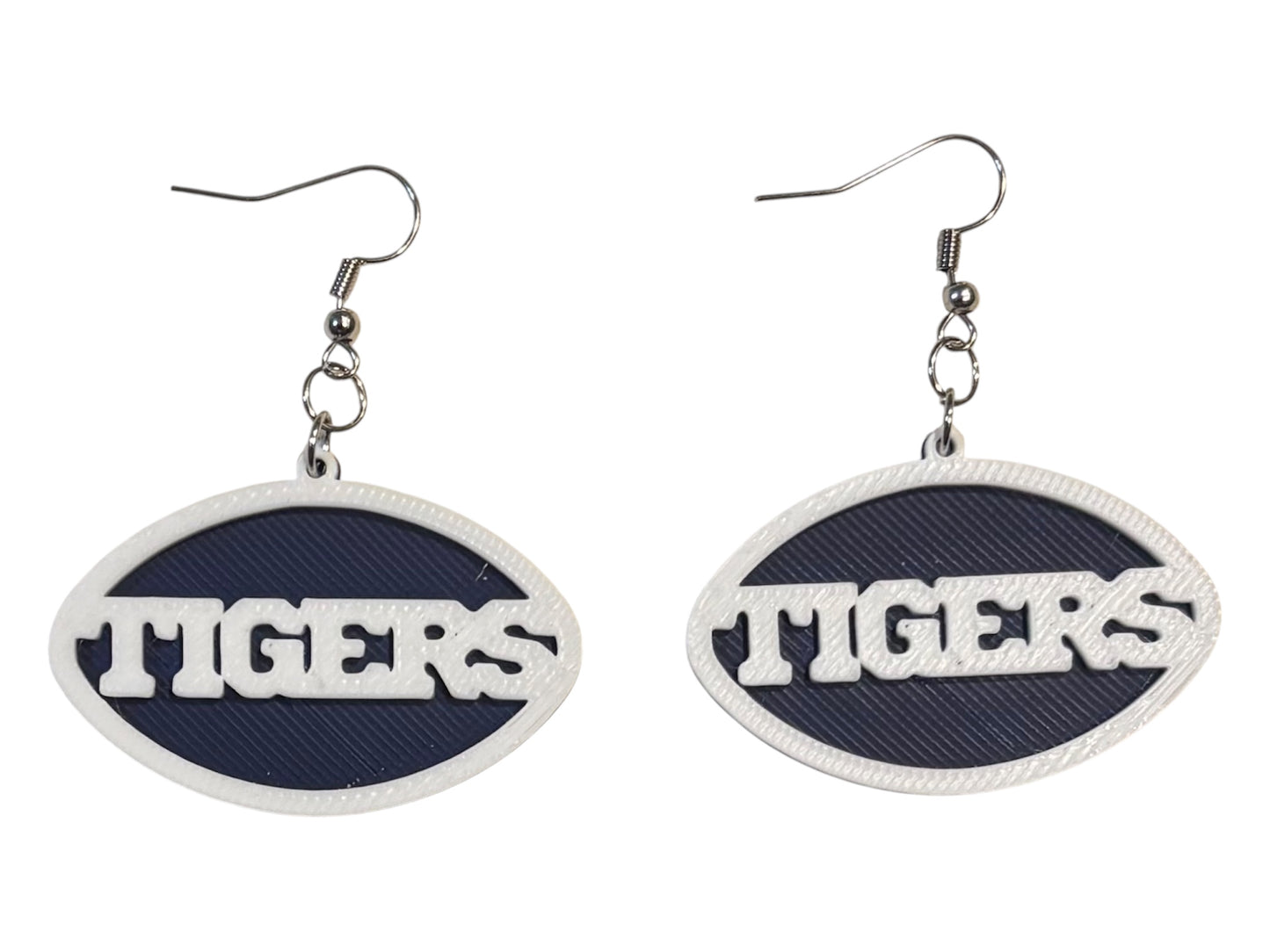 3D Printed Earrings - 1.2" x 1.75" Tigers - White over Navy