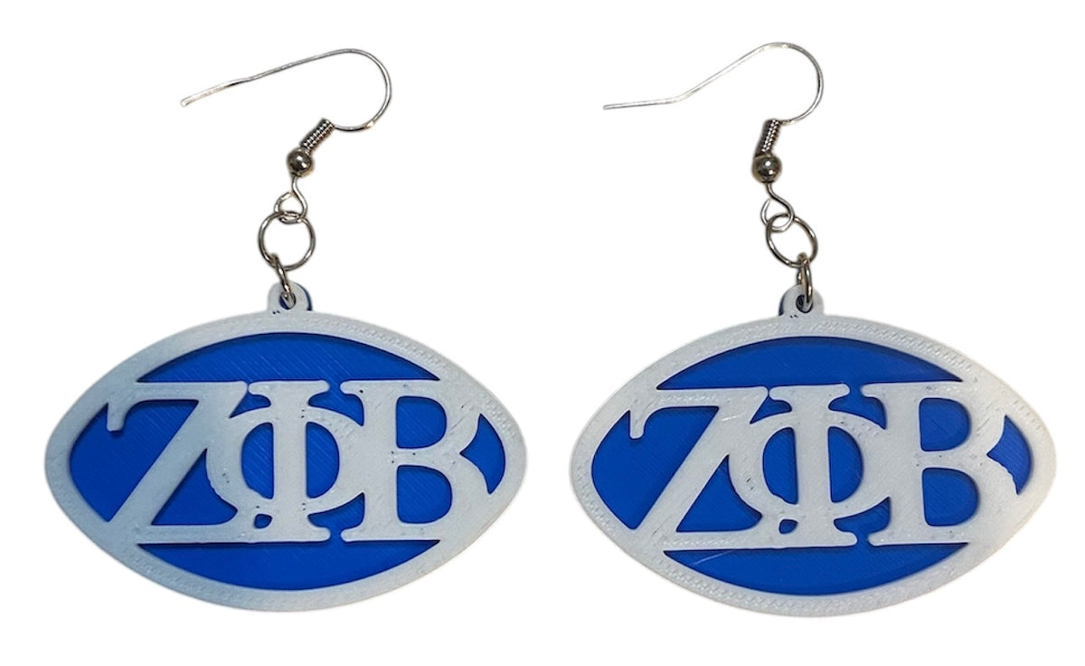 3D Printed Earrings - 1.75" x 1.26" - Zeta Phi Beta - White over Blue